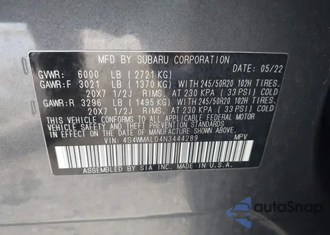 2022 Subaru Ascent Limited из США, поврежденный, VIN 4S4WMALD4N3444289